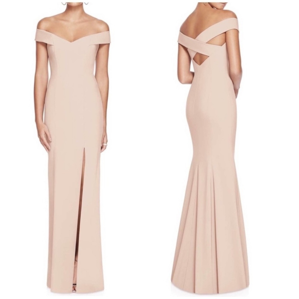 Dessy Collection Off the Shoulder Criss Cross Back Trumpet Cameo Dress Gown Sz 6